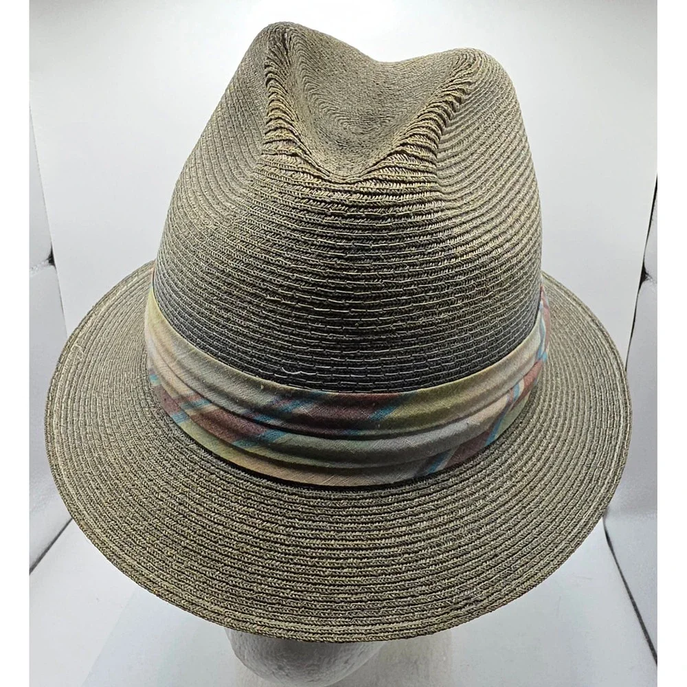 Vintage Stetson Straw Panama Fedora Hat Gray Men's 7 1/8 Woven Pastel Plaid Band